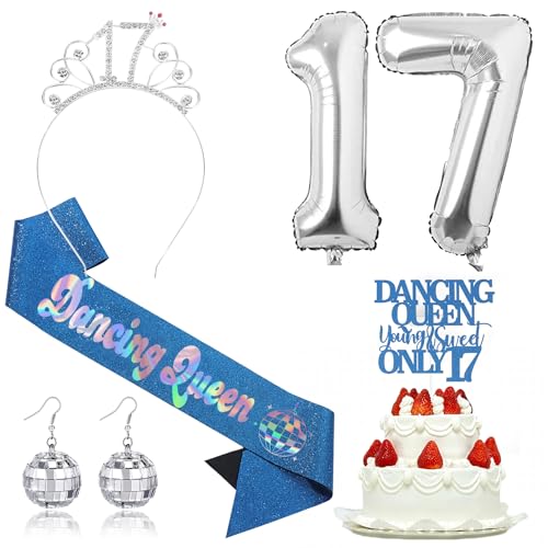 Dancing Queen Party Decorations 17 - 17 Birthday Decorations for Girls, Birthday Party Decorations Accessories with 17 Queen Crown, Dancing Queen Sash, Dancing Queen Cake Topper. Earrings and Balloon