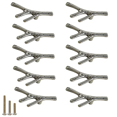 ESreake 10pcs Single Hole Branch Knobs Vintage Tree Twig Branch Cabinet Knobs Pulls Handles,Zinc Alloy Drawer Pull Handle for Farmhouse Cabin Mountain House (Single Hole / 10 Pack, Ancient Silver)