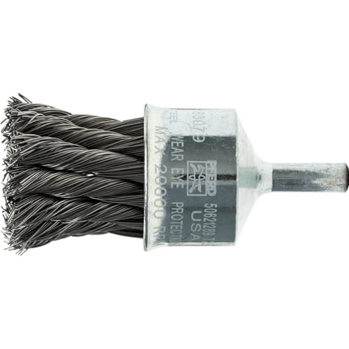 Image of PFERD Stem Mounted Power Knot Wire End Brush, Round Shank, Carbon Steel Bristle, 1 inch Diameter, 0.014 inch Wire Size, 20000 Maximum RPM, 1 /4 inch Shank Diameter - Part 83079