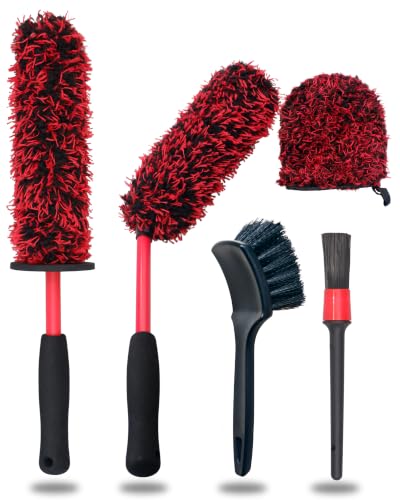 oesee Microfiber Wheel Brush Kit- Microfiber Wheel Brush, Long Handle Wheel Brush, Tire& Detailing Brush, Wheel Wash Mitt. Hands-On Wheel Detailing Kit for Daily Wheel Cleaning