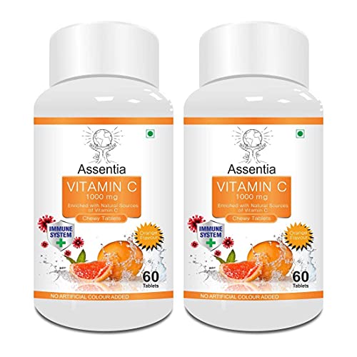 Organic Touch Vitamin C Chewable Tablets 1000mg Collagen Builder Immunity Booster, Antioxidant Supplement for Bones, Skincare Orange Flavor Veg 60 Tablets Pack of 2