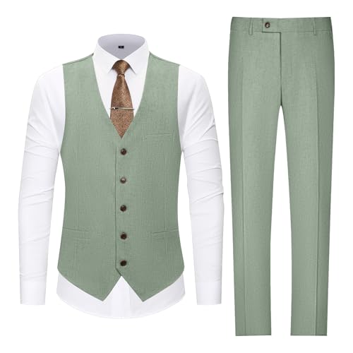 Men's Casual Linen Suit Set 2 Piece Slim Fit Wedding Suits Prom Groomsmen Suit Tuxedos Beach Suits Vest Pants