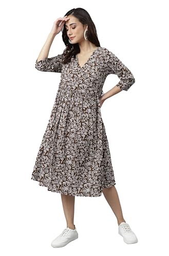 Image of Janasya Women's Cotton Floral Print Angrakha Dress