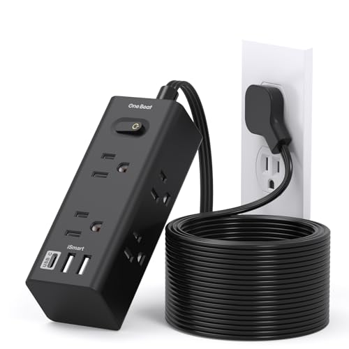 15Ft Extension Cord with Multiple Outlets, Flat Plug Power Strip Surge Protector with 15 Ft Long Cord, 6 Outlet 3 USB Ports (1 USB C), Multi Outlet Wall Plug for Travel, College, Dorm Essentials-Black