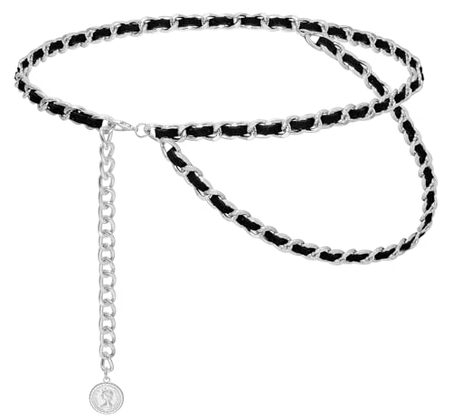 Women's Chain Belts Fashion Layered Flocking Cloth Belts Metal Waist Chain for Dress Vest Jeans