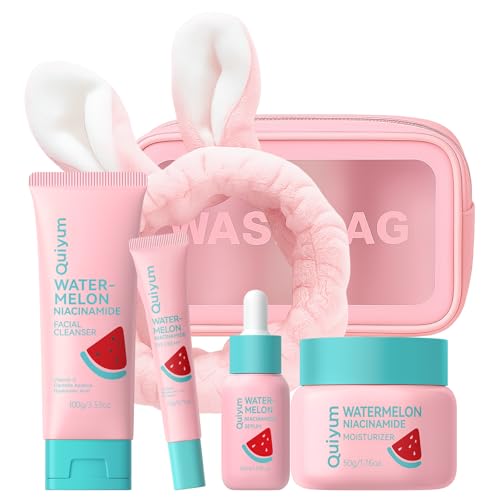 QUIYUM Watermelon Skin Care for Teen Girls, Daily Routine Skincare Sets- Smooth, Clean, Oil Control, Firm, Hydrate, Glow Up,, for All Skin 4PCS, Mother's Day Birthday Gift for Women, Wife, Girlfriend