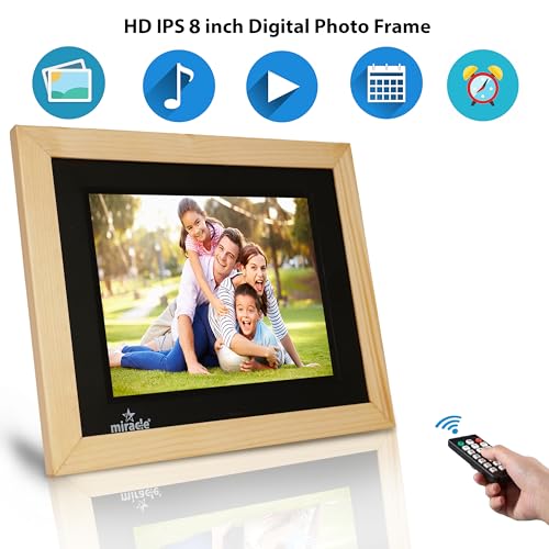 Image of Miracle Digital 8'' IPS HD Wooden Digital Photo Frame | 8GB Memory, 2GB RAM, 32GB Expandable | USB & SD Support | 180 Wide View, Stereo Sound | Slideshow for Photos, Videos & Music - Wooden Light