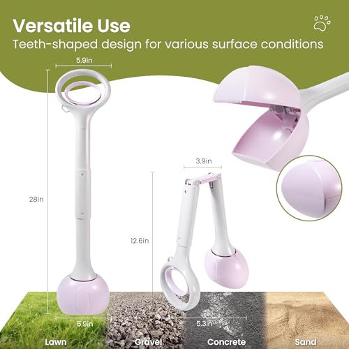Image of Dog Pooper Scooper Portable with Bag Attachment, One Handed Foldable Design, Includes 120 Waste Bags and Dispenser, 28 Inch Handle for Grass Yard Gravel Cleanup (Purple)
