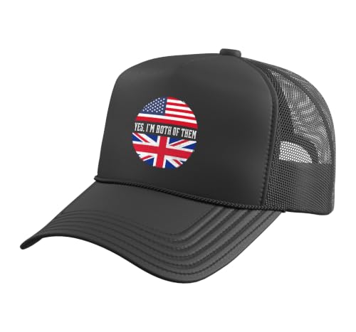Half American Half British USA Flag United Kingdom Heritage Trucker Hat with Adjustable Mesh Back, Black