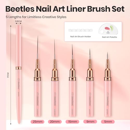 Image of Beetles Gel Polish Nail Art Pens, 5pcs Nail Art Brushes Liner Brushes for Nails Pink Liner Sizes 5 /9 /15 /20 /25mm with Palette Holder Painting Manicure Design Tools for Long Lines, Details, Fine Drawing