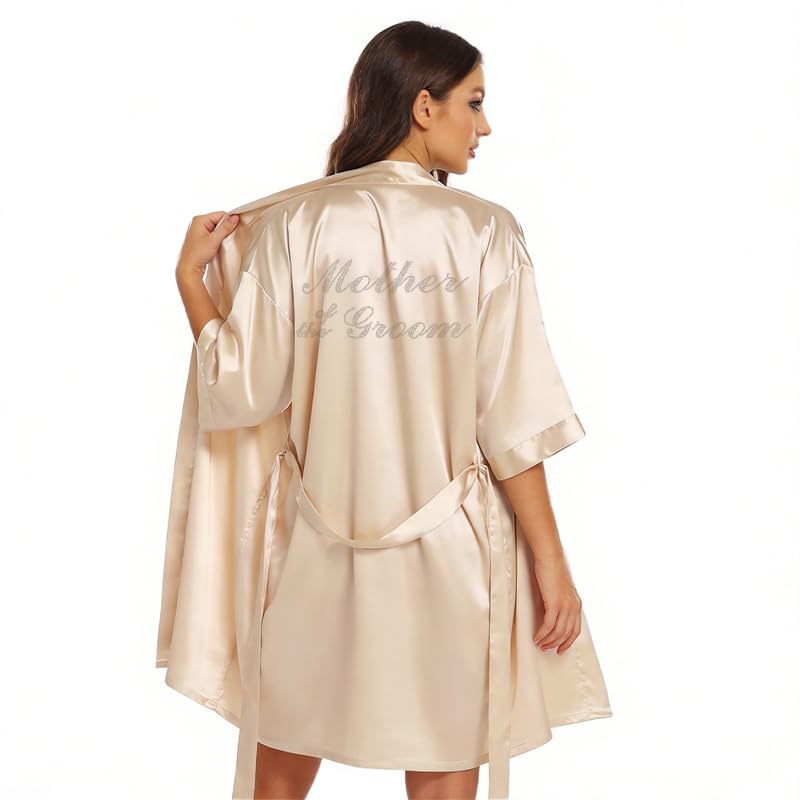 Image of Women's Bride Bridesmaid Robes Short Satin One Size Silver Rhinestones Wedding Party Getting Ready Sleepwear