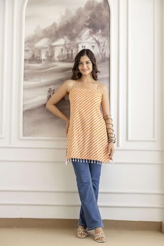 Image of Women's Printed Halter Neck Kurti Top | Sleeveless V-Neck Short Tunic with Back Tie-Up | Casual Ethnic & Summer Wear