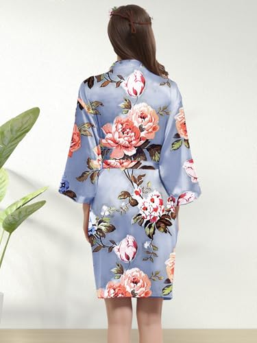 WJing Yi Jia 2Pcs Womens Floral Kimono Robe Silk Robes Bride Bridesmaid Satin Robes Bridal Dressing Gown Silky Bathrobe