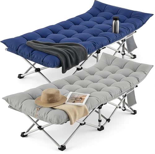LUCKPRO Folding Camping Cot for Adults - 2 Pack Heavy Duty Sleeping Cots with Carry Bag Double Layer Oxford Portable Travel Camp Cots for Outdoor Camp Beach Home Office (Blue Pad & Gray Pad, 2PACK)