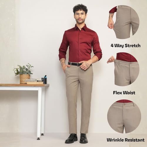 Image of SUBTRACT Men 4 Way Stretch Wrinkle Free Slim Fit Formal Trouser in with 2 Inch Flexible Waistband | Men's Trousers for Office Or Party