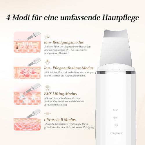 Ultraschallpeelinggerät ANLAN Skin Scrubber,Ultraschall-Peeling Porenreiniger Akne-Entferner Ionen Hautreiniger für Gesichtsreinigung Gesichtspflege(Weiß)