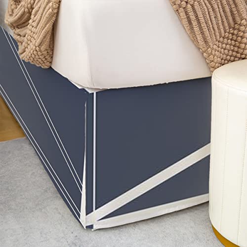 Geometry Bed Skirt Navy Blue Bed Skirts For Teens Boys,Geometric Lines Bedskirt Plaid Triangle Bedding Decor Modern Grid Lattice Pattern Boys Dormitory Room Decor King Size #TOP4