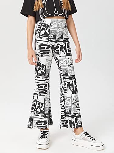 Wdirara Girl's Cartoon Graphic Print Flare Leg Ruffle Hem Elastic High Waisted Pants Black And White 9Y #TOP2