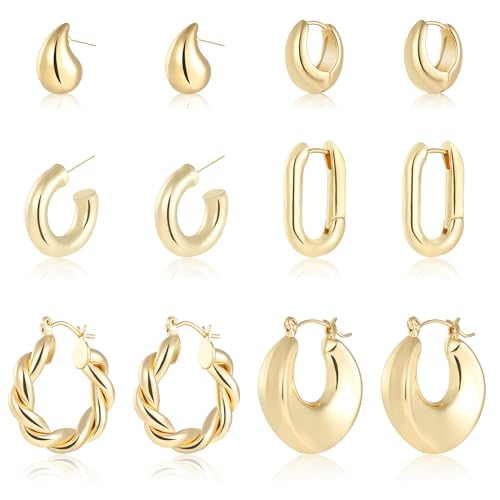 wgoud 6 Pairs Gold Hoop Earrings for Women,14K Gold Plated Lightweight Chunky Open Teardrop Hoops for Women,Trendy Twisted Huggie Hoop Earrings (6Prs Golden Earrings)