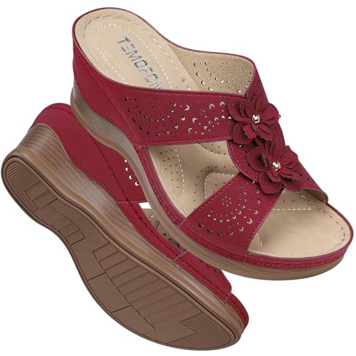 Image of TEMOFON Womens Wedge Sandals Leather: Comfortable Walking Shoes Summer