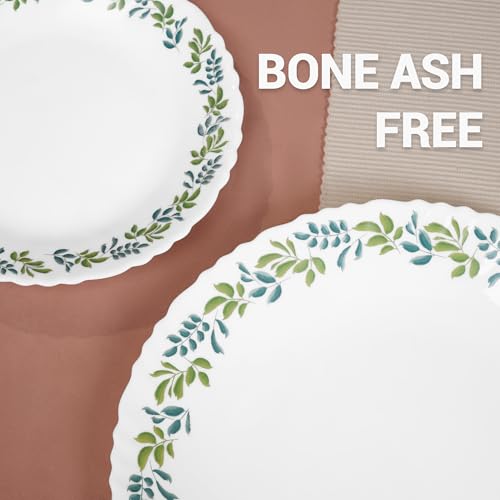 Image of Treo By Milton Opalware Aurelia Verdinia Dinner Set of 13 | Serving for 4 | Microwave & Dishwasher Safe | Bone-Ash Free | Tempered Toughness | Plates & Bowls | Crockery Set for Dining & Gifting |White