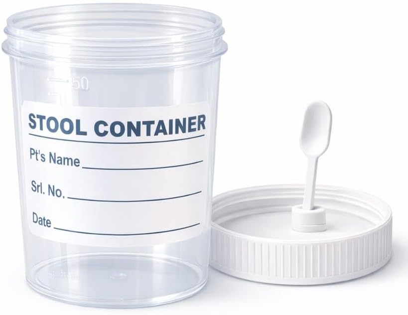 30ml Stool Sample Container with Spoon on Lid – Transparent Stool Specimen Containers with Tight Leak-Proof Screw Caps | Durable Plastic Sample Jars Designed for Clean & Secure Stool Sample Collection | Ideal for Labs & Diagnostic Centers (Pack of 25)