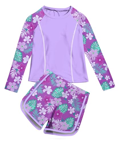 Image of Vogseek Girls Rash Guard Swimsuits 2 Piece Bathing Suit UPF 50+ Summer Swimwear Size 7-12T
