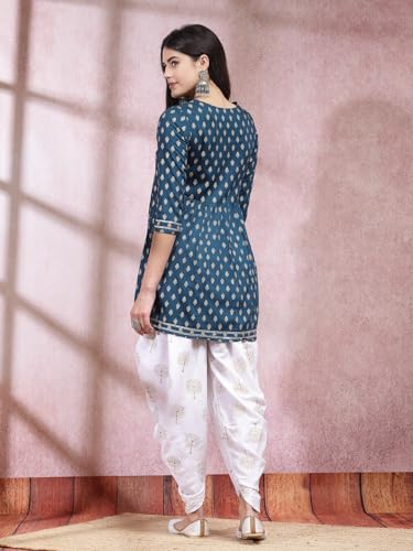 Image of Stylum Women's Printed & Embroidered Rayon A-Line Kurti With Dhoti Pant