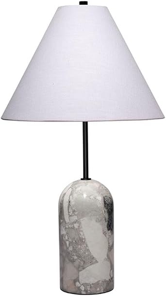 MAKLAINE Hand-Carved Natural Travertine Stone Table Lamp, Gray Finish, 17 in Body, 15 in Linen Cone Shade, Unique Veining, Transitional Design, Bedroom, Living Room, Home Office Lighting