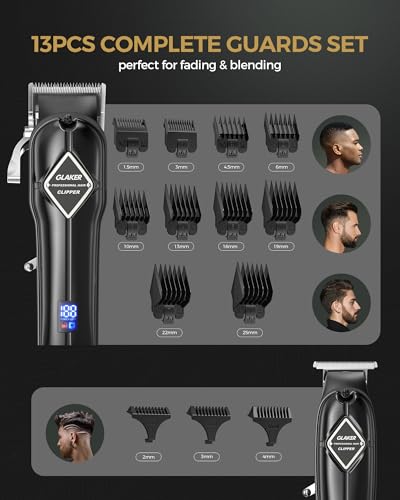 GLAKER Professional Hair Clippers Men + T-Blade Trimmer Kit - Cordless Hair Cutting Kits with 13 Premium Guards, Complete Barber Kit with Large LED Display for Mens Grooming GLAKER Professional Hair Clippers Men + T-Blade Trimmer Kit - Cordless Hair Cutting Kits with 13 Premium Guards, Complete Barber Kit with Large LED Display for Mens Grooming