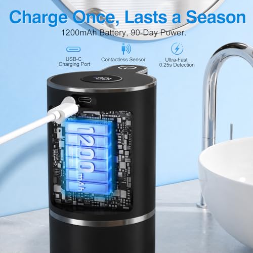 Image of Fachixy Automatic Liquid Soap Dispenser Touchless, Smart Digital Display | 12.8oz /380mL, Up to 90 Days Battery Life, 6 Adjustable Level, Rechargeable, Wall Mountable IPX5 for Kitchen & Bathroom, Black