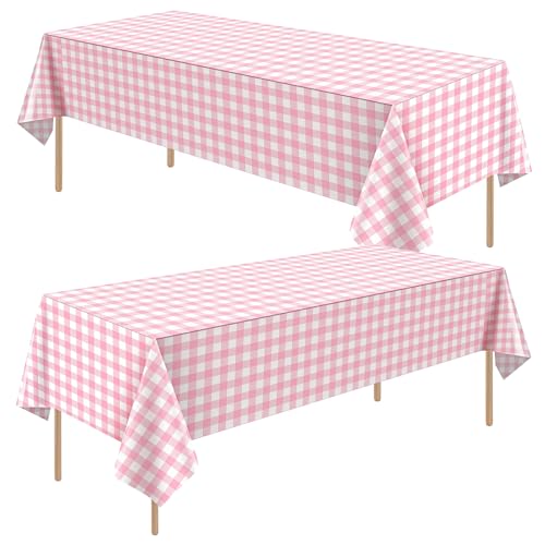 2pack Pink Gingham Checkered Table Cloth Party 137*274cm Wipe Clean Checkered PVC TableCloth Plaid Tablecloth Rectangular Pink Disposable Table Cover for Parties BBQ Picnic Birthday Wedding