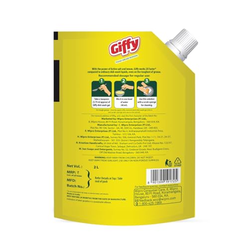 Image of Giffy Liquid Dishwash Gel 2 Litre | Lemon and Active Salt | 50% More Effective | Tough Grease Removal Expert | Turbo Boosters | Mild fragrance | Removes Tough Malodour | Hand-Safe