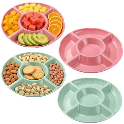 Kryndle 4 Pack Snack Trays Serving Platters for Party Food 5 Compartment Reusable Plastic Trays for Nuts Fruits Snacks and Pastries