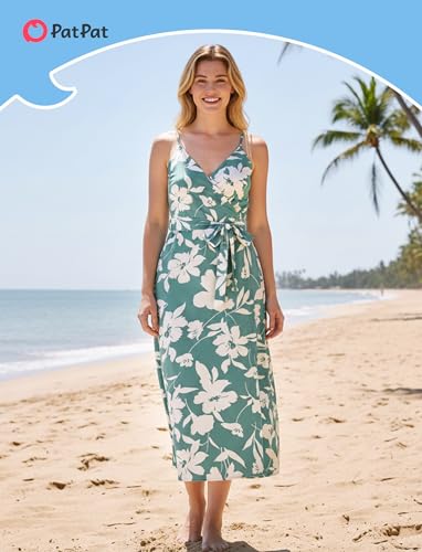 Image of PATPAT Family Matching Outfits Mommy and Me Dresses Hawaiian Tropical Vacation Beach Spaghetti Strap Dress and Shirt