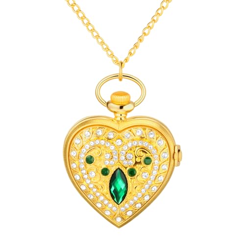 JewelryWe Montre Gousset Femme Vintage: Montre de Poche en Forme de Cœur à Quartz Dorée Rétro Fantaisie, Collier Pendentif Strass Diamant, Style Élégant...