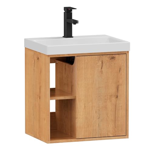UEV Mueble de Baño con Lavabo de Resina y Grifo en el Centro, Mueble de Baño Suspendido con Diseño único y Práctico, Motivo de Rayas Verticales, 49 x 37 x 50 cm, Natural