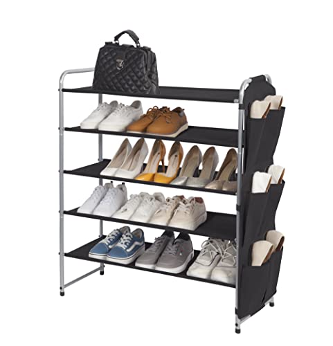 STORAGE MANIAC 5 Tier Shoe Rack with 6 Side Pockets, 23-Pairs Metal Shoes Organizer Free Standing Compact Shoe Storage Organizer Shoe Shelf for Closet Bedroom Entryway Hallway, Black STORAGE MANIAC 5 Tier Shoe Rack with 6 Side Pockets, 23-Pairs Metal Shoes Organizer Free Standing Compact Shoe Storage Organizer Shoe Shelf for Closet Bedroom Entryway Hallway, Black