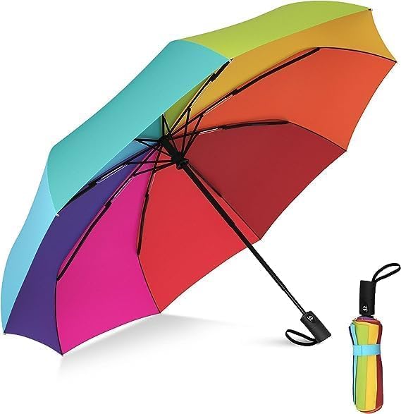 Windproof Travel Umbrella with Teflon Coating Golf Umbrella Windproof - Oversized 54inch Double Layer Rainbow 10Ribs Folding Travel Umbrella Compact Auto Open Close for Rain-image-10