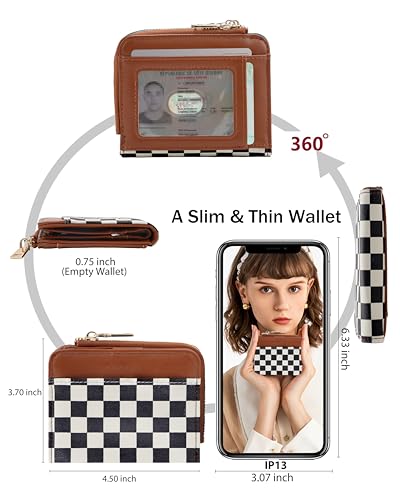 Image of Small Bifold Wallets Woman RFID Mini Wallet for Women Slim Card Holder with Zipper Coin Pocket & 2 ID Windows(Checkered)