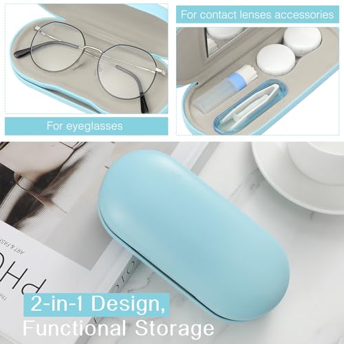 Image of MoKo Double Eyeglass Case, Contact Lens Case with Mirror Tweezers Remover, 2 in 1 Double Sided Portable Contact Lens Box Holder Container Soak Storage Kit Sunglasses Pouch for Men & Women, Light Blue