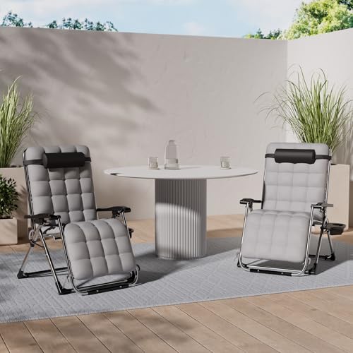 KESSER® Tumbona Plegable y Resistente | Silla de Jardín, Capacidad de 200 kg, Acolchado Ergonómico Extra Ancho, Respaldo Ajustable, Almohada para el Cuello y Portavasos Gris