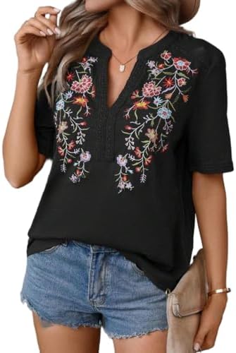 Mexican Shirts for Women Embroidered Tops Traditional Summer Blouse Floral Tunic V Neck Short Sleeve T Shirt Black
