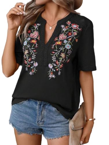 Mexican Shirts for Women Embroidered Tops Traditional Summer Blouse Floral Tunic V Neck Short Sleeve T Shirt
