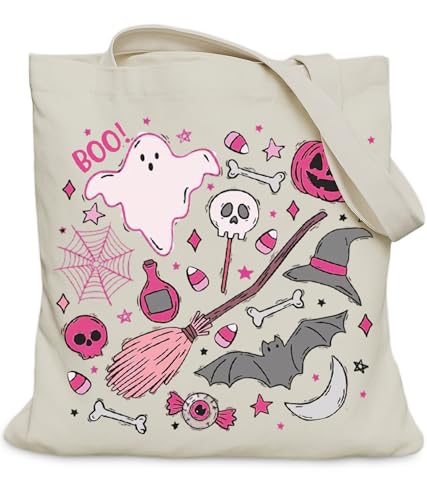 LUERHUI Pink Halloween Doodle Gifts Tote Bag for Women Girls Boo Ghost Witch Tote Bag for Spooky Season