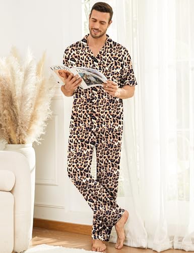 SWOMOG Mens Silk Pajamas Set Satin Pj Set Short Sleeve Sleepwear Button Down Lounge Set with Drawstring & Pockets S-3XL3