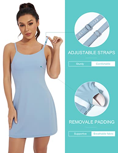 Tennis Dresses For Women, Backless Tennis Workout Dress With Built In Shorts And Bra For Athletic Tennis Golf Dress Sea Blue #TOP1