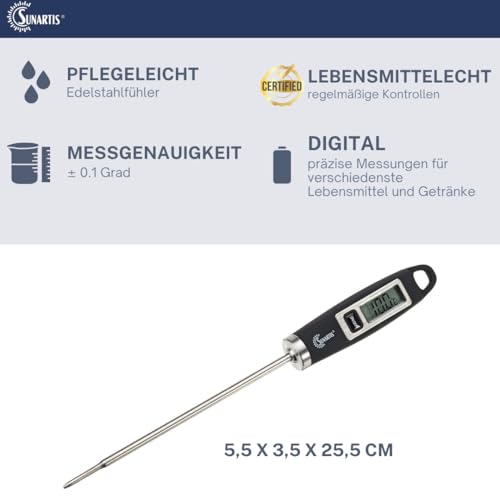 Foto von SUNARTIS - Digitales Haushaltsthermometer | Präzises Thermometer für Lebensmittel und Getränke. Fleischthermometer mit Temperaturanzeige in °C oder °F und breitem Messbereich | schwarz; 20x2cm