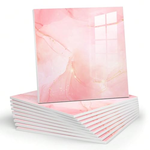 Chejiaye 10pcs Marble Peel and Stick Backsplash Waterproof Washroom Wall Panels, Peel and Stick Tile, PVC Foam Wall Panels for Kitchen,Bathroom,Living Room,Pink Wallpaper(Not Real Tile,11.8" x 11.8") by Chejiaye - Used condition - US$13.47
