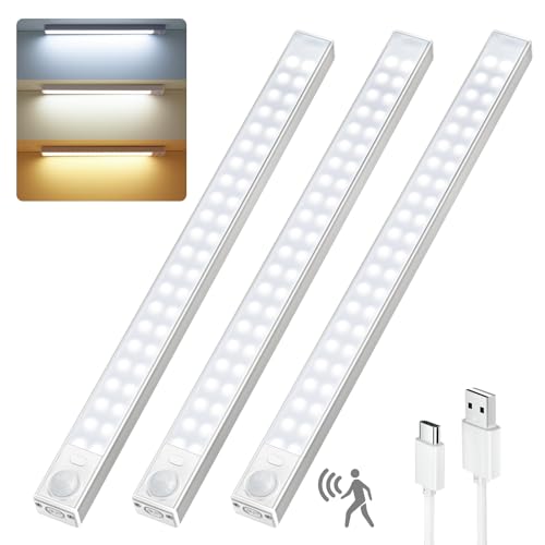 Forepin Luz LED Armario con Sensor de Movimiento, 2000mAh USB-C Recargable Luz LED Armario con 3 Color 88LED Cocina Bajo Mueble para Gabinete Pasillo Escalera Sótano Cocina - 3PCS